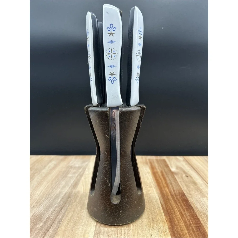 6 Vintage EKCO Vanadium‎ Dutch Tulip Steak Knives USA Hollow Ground Set w Holder